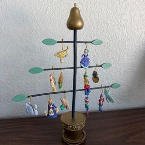 Miniature 12 Days of Christmas Ornament Set w/ Metal Display Tree Gold Pear 70's